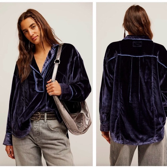 FREE PEOPLE Night Skies Velvet Blouse Women XL Oversized Boho Luxury - Picture 2 of 10